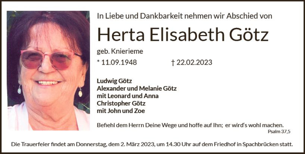  Traueranzeige für Herta Elisabeth Götz vom 25.02.2023 aus Darmstädter Echo