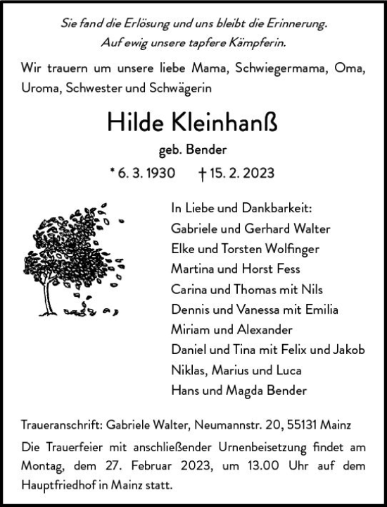 Traueranzeige von Hilde Kleinhanß von Allgemeine Zeitung Mainz