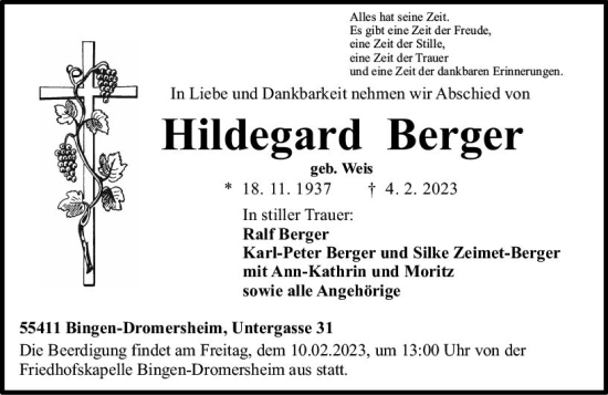 Traueranzeige von Hildegard Berger von Allgemeine Zeitung Ingelheim-Bingen