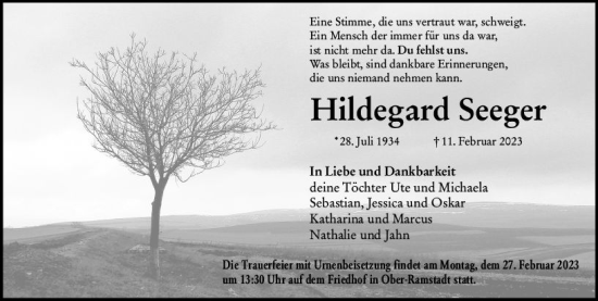Traueranzeige von Hildegard Seeger von Darmstädter Echo