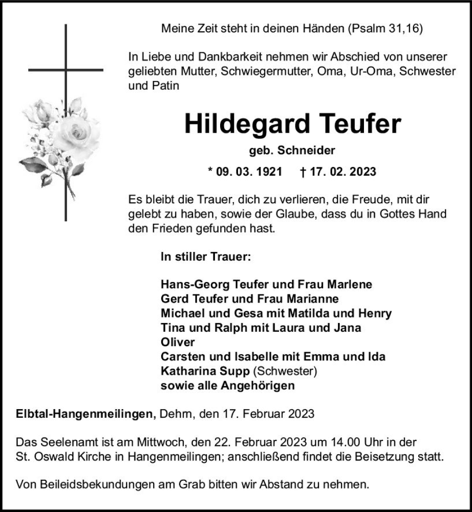  Traueranzeige für Hildegard Teufer vom 20.02.2023 aus Nassauische Neue Presse