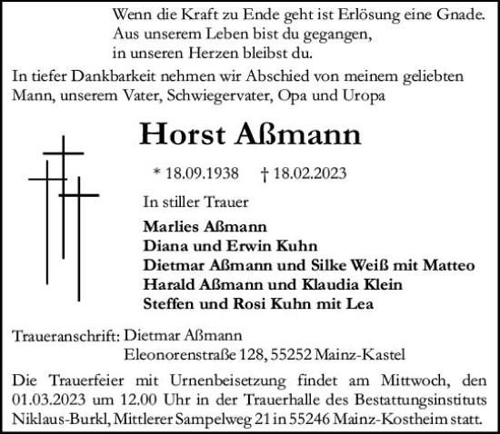 Traueranzeige von Horst Aßmann von Allgemeine Zeitung Mainz