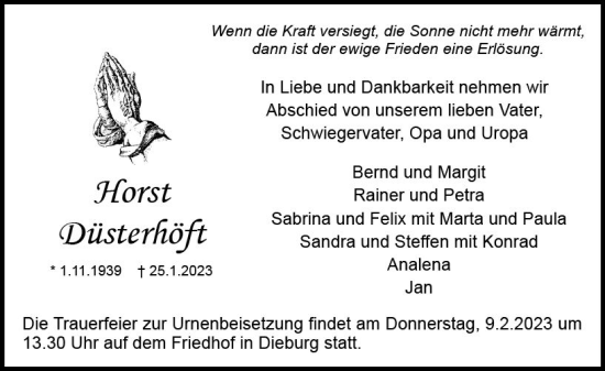 Traueranzeige von Horst Düsterhöft von DieburgerAnzeiger/Groß-Zimmerner Lokalanzeiger