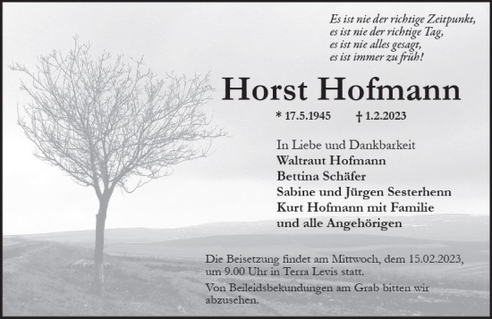 Traueranzeige von Horst Hofmann von Wiesbadener Kurier gesamt