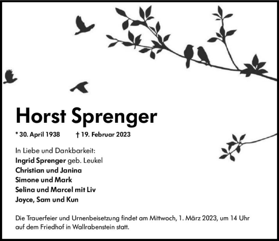 Traueranzeige von Horst Sprenger von Idsteiner Land/Untertaunus