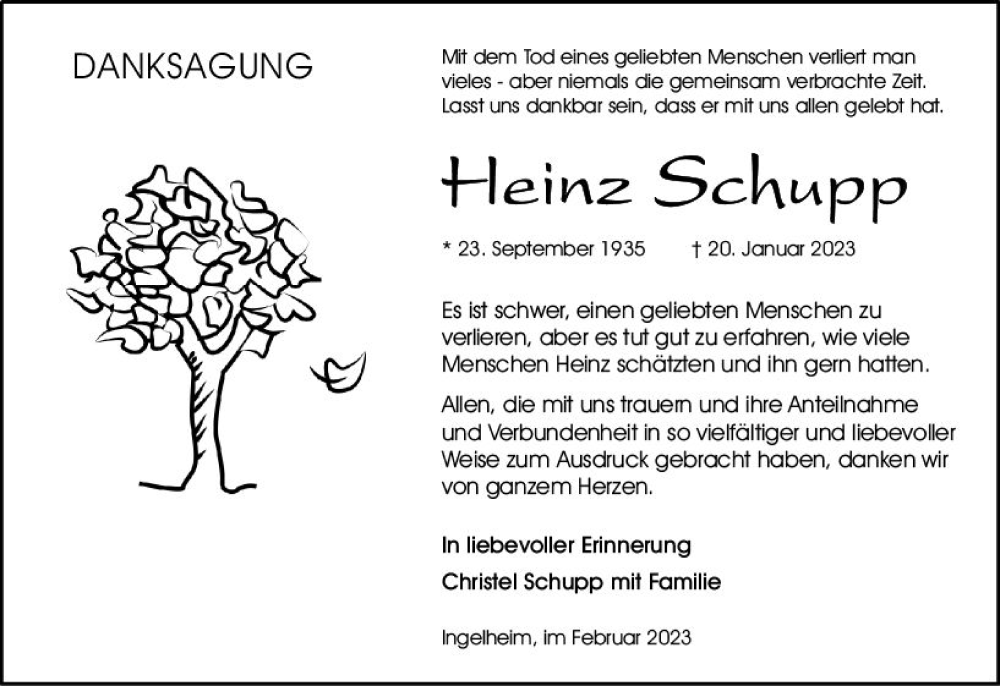  Traueranzeige für Hqeinz Schupp vom 25.02.2023 aus Allgemeine Zeitung Bingen/Ingelheim