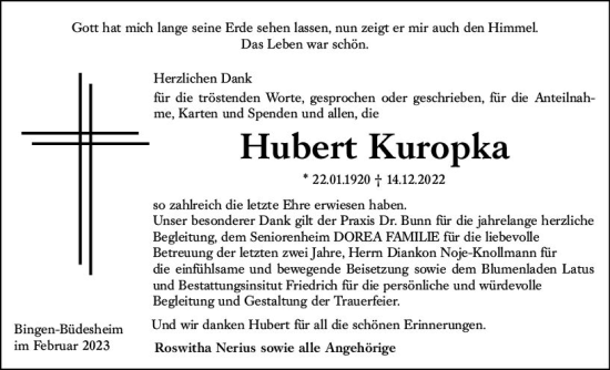 Traueranzeige von Hubert Kuropka von Bingen/Ingelheim Wochenblatt inkl. NBZ