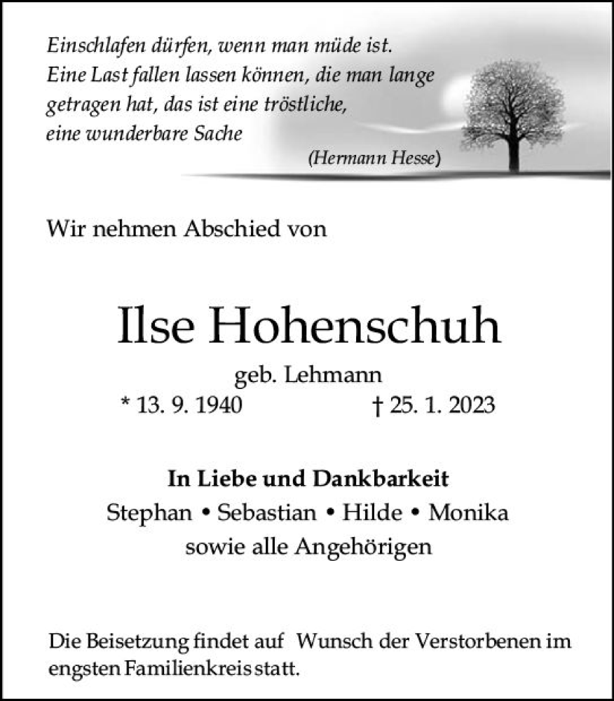  Traueranzeige für Ilse Hohenschuh vom 04.02.2023 aus Allgemeine Zeitung Mainz
