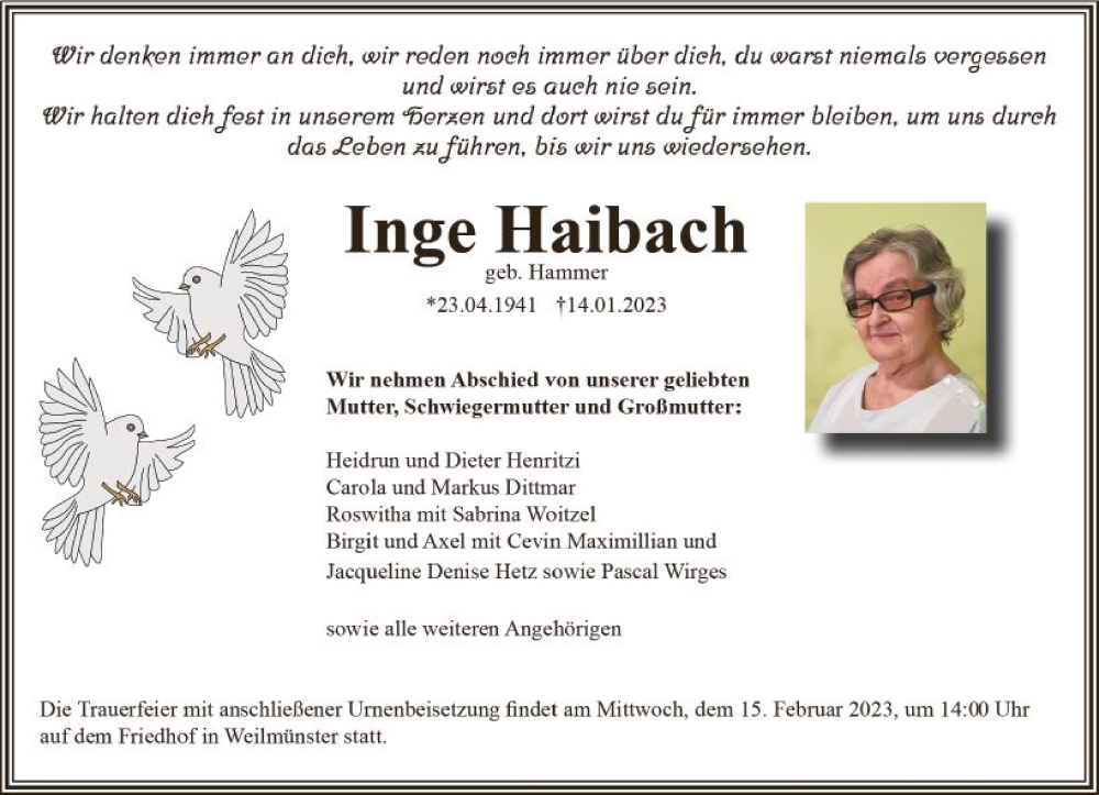  Traueranzeige für Inge Haibach vom 10.02.2023 aus Weilburger Tageblatt