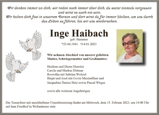 Traueranzeige von Inge Haibach von Weilburger Tageblatt