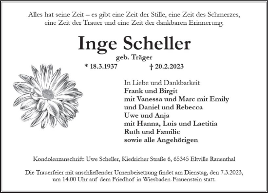Traueranzeige von Inge Scheller von Wiesbadener Kurier