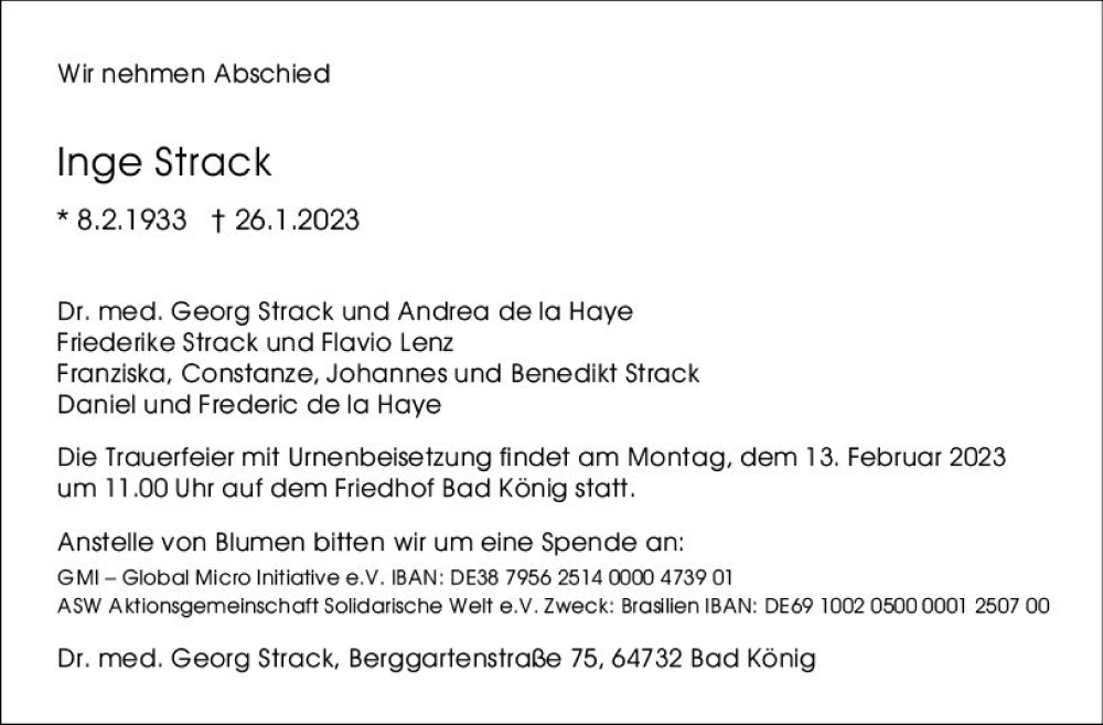  Traueranzeige für Inge Strack vom 04.02.2023 aus Odenwälder Echo