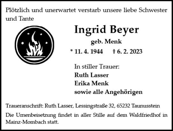 Traueranzeige von Ingrid Beyer von Allgemeine Zeitung Mainz