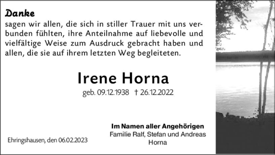 Traueranzeige von Irene Horna von Wetzlarer Neue Zeitung