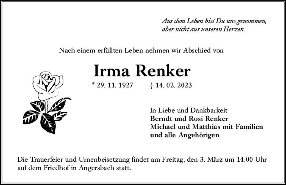  Traueranzeige für Irma Renker vom 27.02.2023 aus VRM Trauer