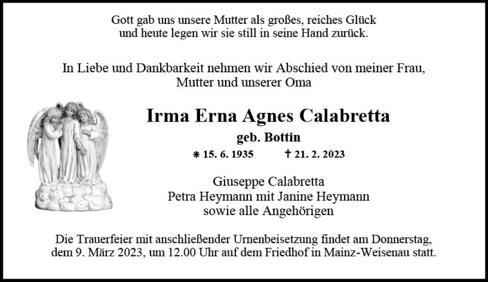  Traueranzeige für Irma Erna Agnes Calabretta vom 25.02.2023 aus Allgemeine Zeitung Mainz