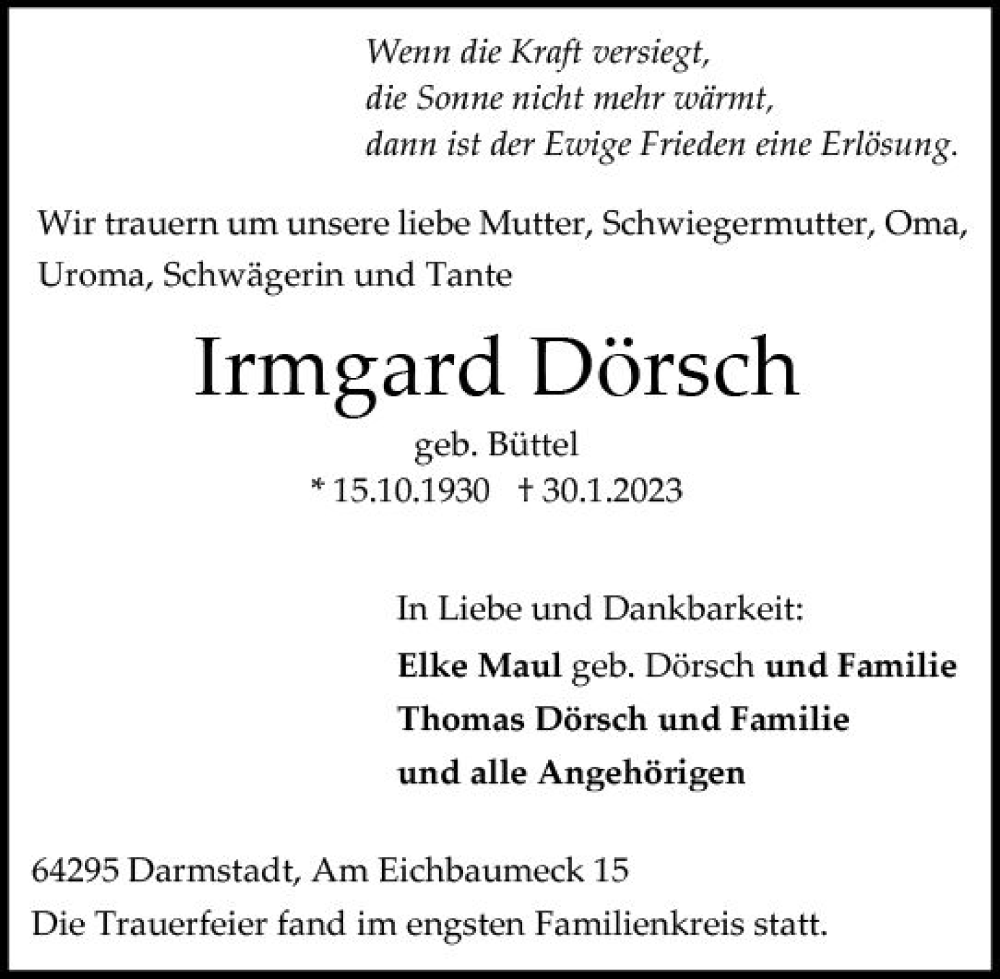  Traueranzeige für Irmgard Dörsch vom 18.02.2023 aus Darmstädter Echo