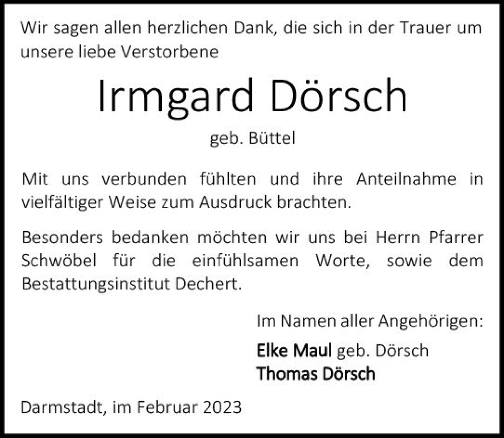  Traueranzeige für Irmgard Dörsch vom 25.02.2023 aus Darmstädter Echo