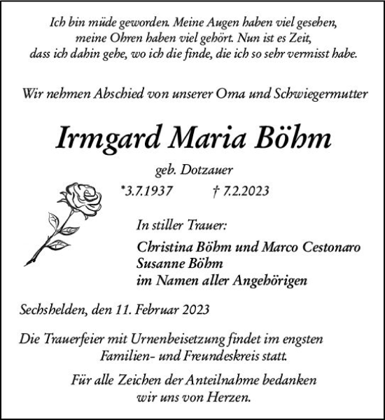 Traueranzeige von Irmgard Maria Böhm von Dill Block