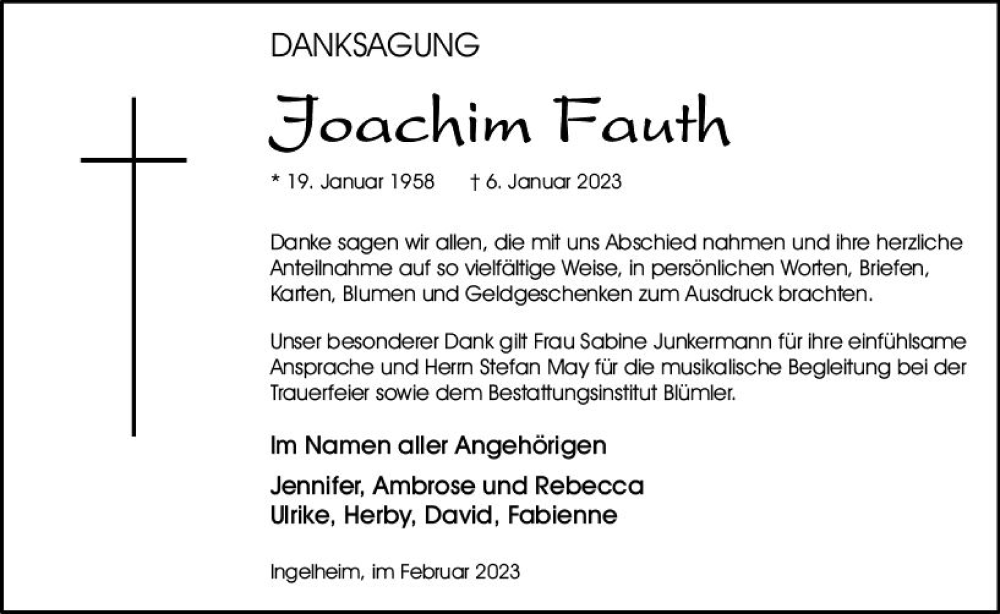  Traueranzeige für Joachim Fauth vom 25.02.2023 aus Allgemeine Zeitung Bingen/Ingelheim