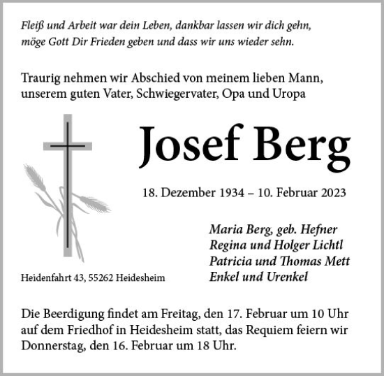 Traueranzeige von Josef Berg von Allgemeine Zeitung Ingelheim-Bingen