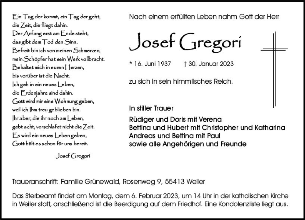  Traueranzeige für Josef Gregori vom 04.02.2023 aus Allgemeine Zeitung Ingelheim-Bingen