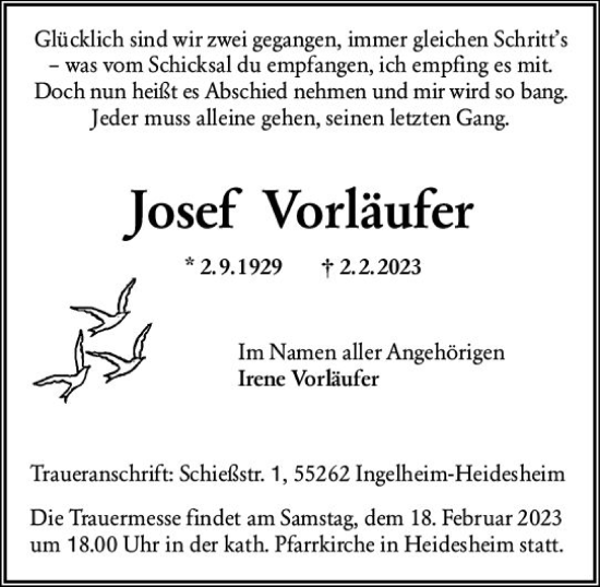 Traueranzeige von Josef Vorläufer von Allgemeine Zeitung Mainz