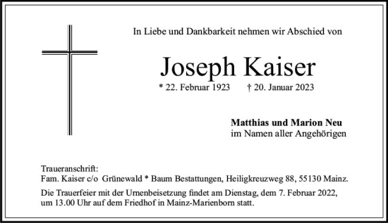 Traueranzeige von Joseph Kaiser von Allgemeine Zeitung Mainz