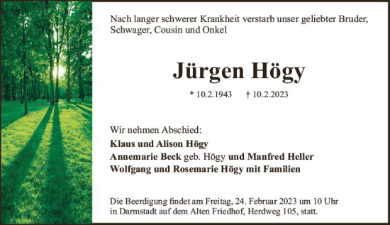 Traueranzeige von Jürgen Högy von Darmstädter Echo