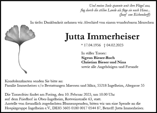 Traueranzeige von Jutta Immerheiser von Allgemeine Zeitung Ingelheim-Bingen