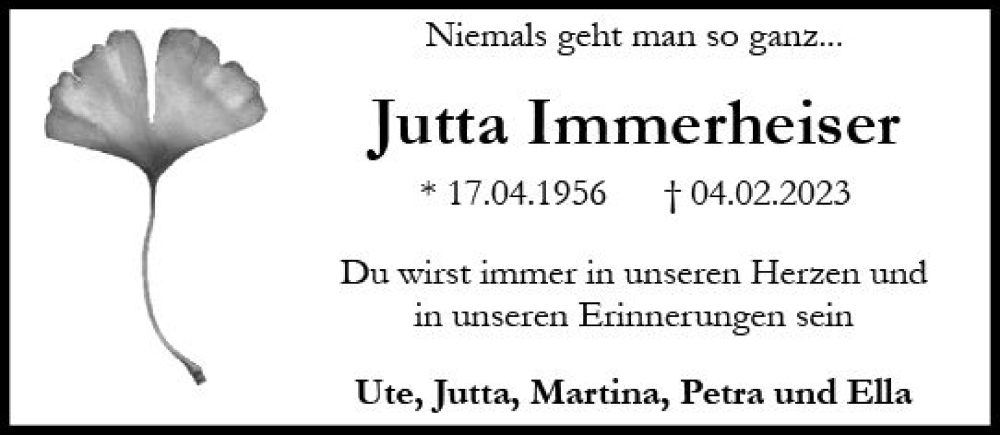 Traueranzeige für Jutta Immerheiser vom 08.02.2023 aus Allgemeine Zeitung Ingelheim-Bingen