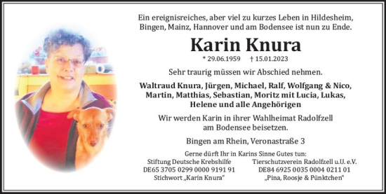 Traueranzeige von Karin Knura von Bingen/Ingelheim Wochenblatt inkl. NBZ
