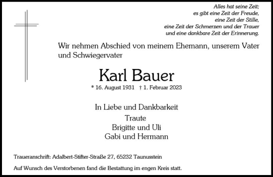 Traueranzeige von Karl Bauer von Wiesbadener Kurier