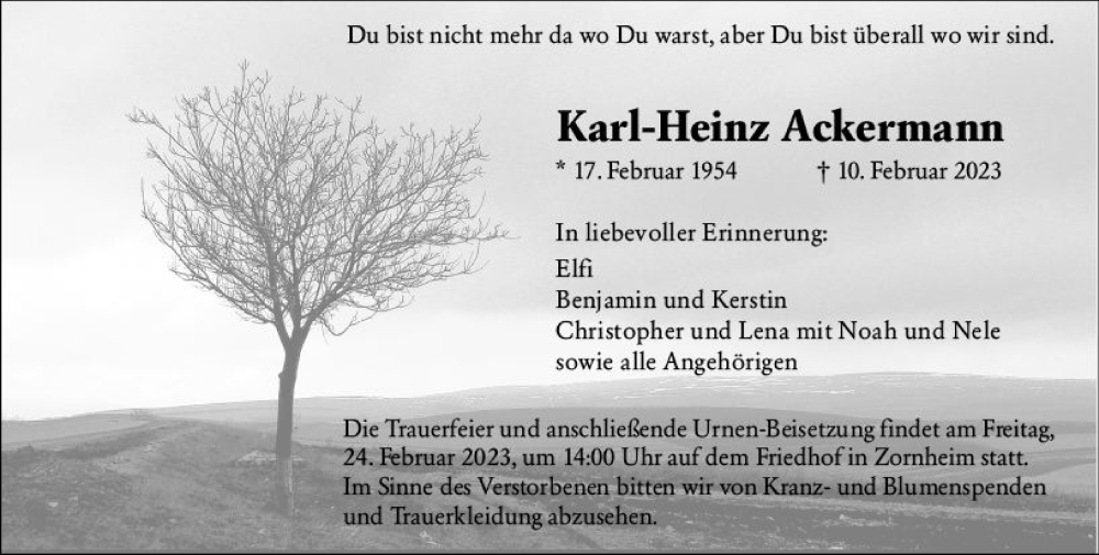  Traueranzeige für Karl-Heinz Ackermann vom 18.02.2023 aus Allgemeine Zeitung Mainz