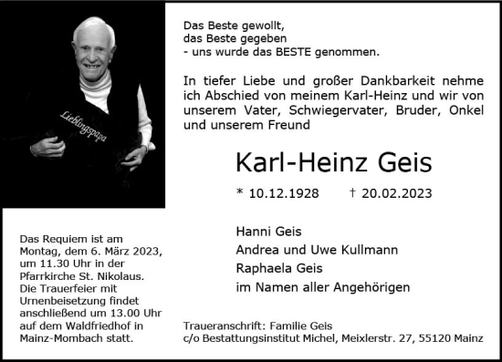 Traueranzeige von Karl-Heinz Geis von Allgemeine Zeitung Mainz