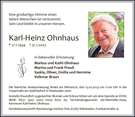 Traueranzeige von Karl-Heinz Ohnhaus von Wiesbadener Kurier gesamt