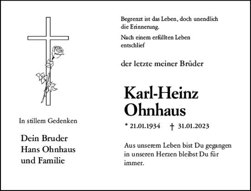  Traueranzeige für Karl-Heinz Ohnhaus vom 18.02.2023 aus Wiesbadener Kurier