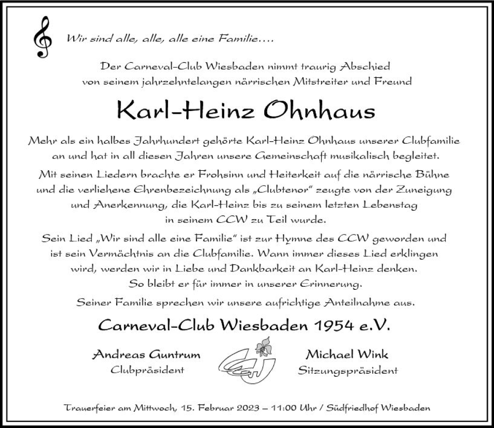  Traueranzeige für Karl-Heinz Ohnhaus vom 04.02.2023 aus Wiesbadener Kurier gesamt
