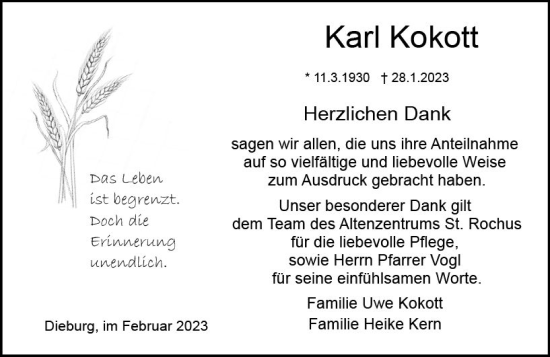 Traueranzeige von Karl Kokott von Dieburger Anzeiger/Groß-Zimmerner Lokal-Anzeiger