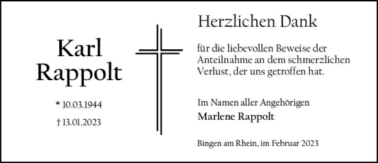 Traueranzeige von Karl Rappolt von Allgemeine Zeitung Ingelheim-Bingen
