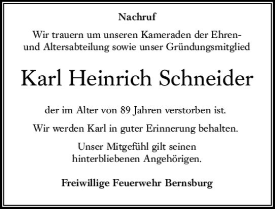 Traueranzeige von Karl Heinrich Schneider von Oberhessische Zeitung