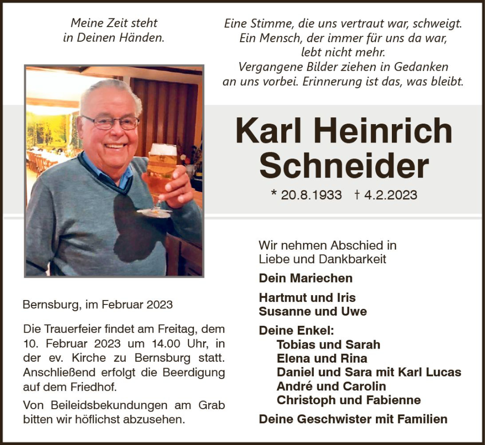  Traueranzeige für Karl Heinrich Schneider vom 08.02.2023 aus VRM Trauer