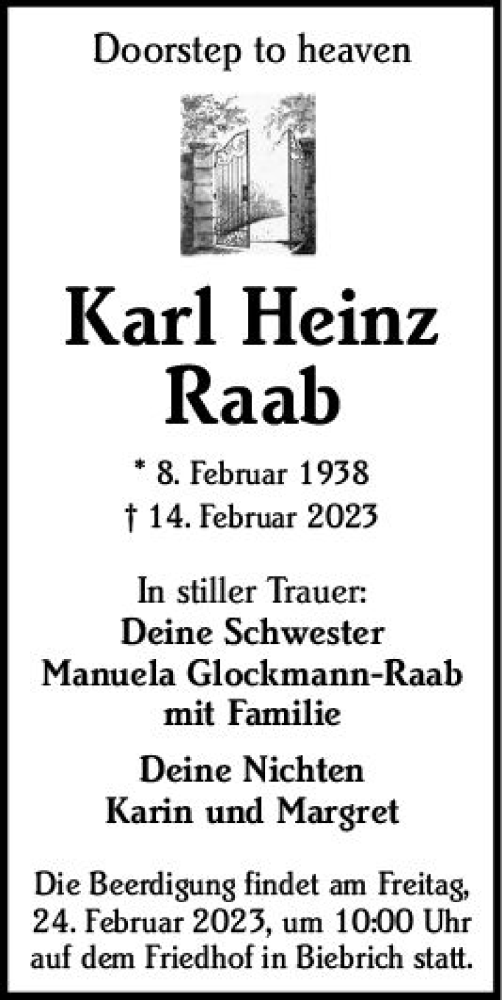  Traueranzeige für Karl Heinz Raab vom 22.02.2023 aus Wiesbadener Kurier