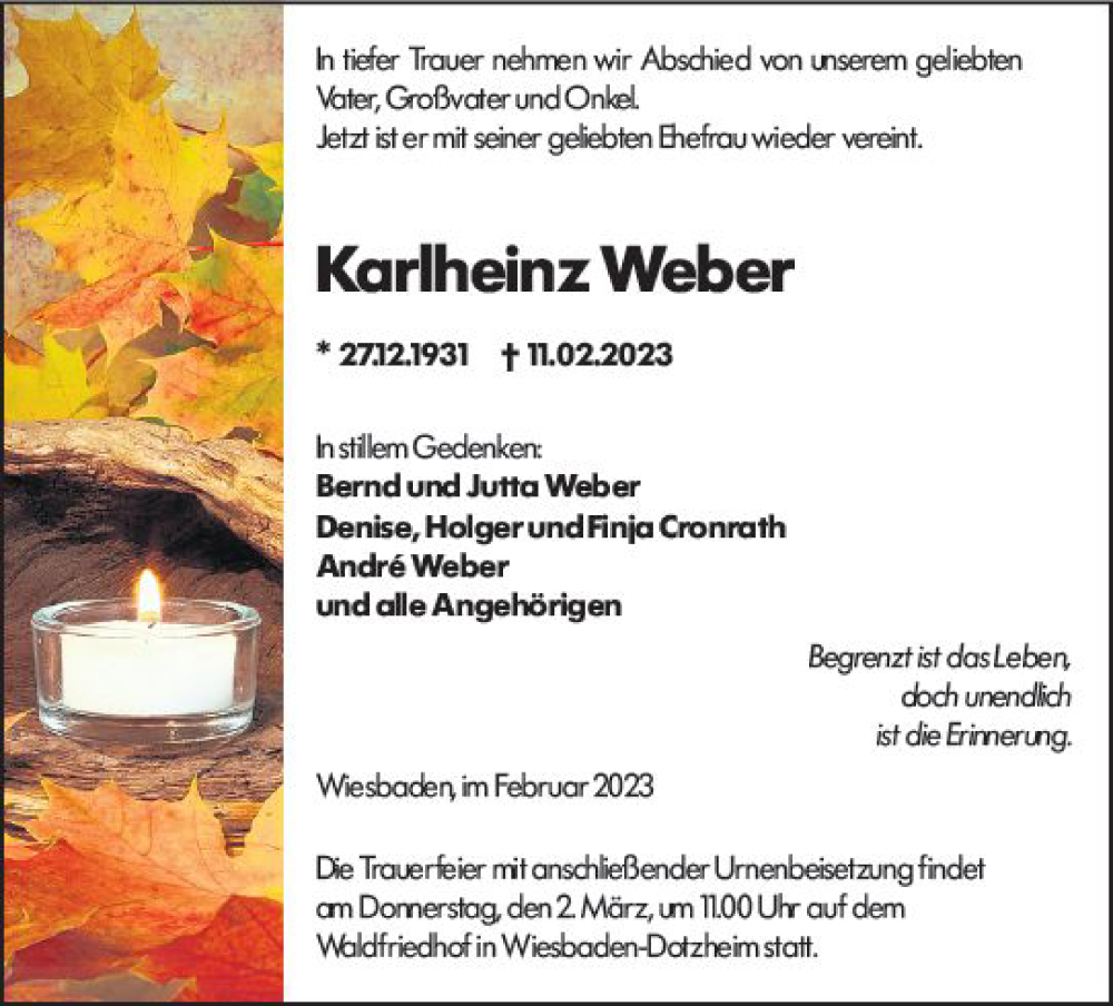  Traueranzeige für Karlheinz Weber vom 18.02.2023 aus Wiesbadener Kurier