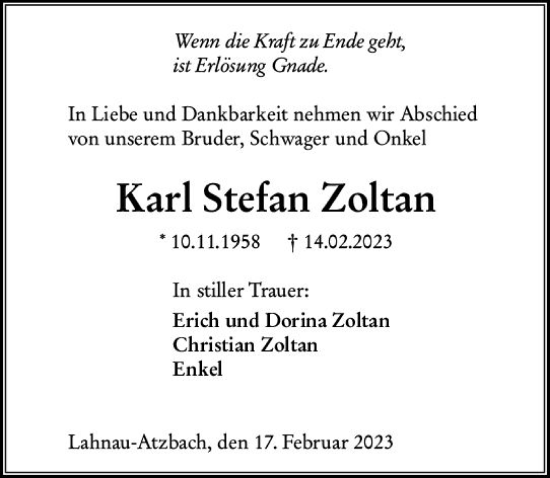 Traueranzeige von Karl Stefan Zoltan von Wetzlarer Neue Zeitung