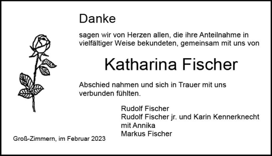 Traueranzeige von Katharina Fischer von Dieburger Anzeiger/Groß-Zimmerner Lokal-Anzeiger