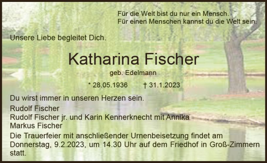 Traueranzeige von Katharina Fischer von DieburgerAnzeiger/Groß-Zimmerner Lokalanzeiger