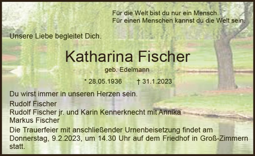  Traueranzeige für Katharina Fischer vom 04.02.2023 aus DieburgerAnzeiger/Groß-Zimmerner Lokalanzeiger