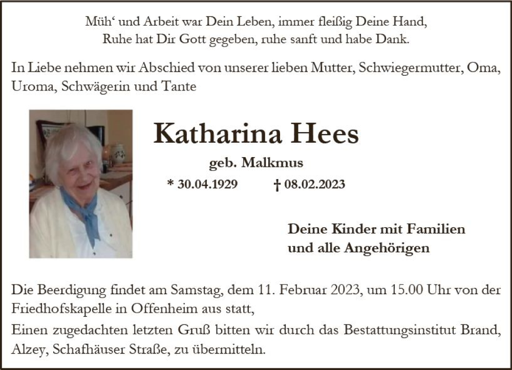  Traueranzeige für Katharina Hees vom 10.02.2023 aus Allgemeine Zeitung Alzey