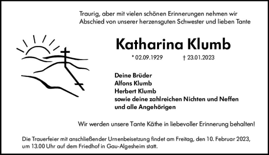Traueranzeige von Katharina Klumb von Allgemeine Zeitung Ingelheim-Bingen
